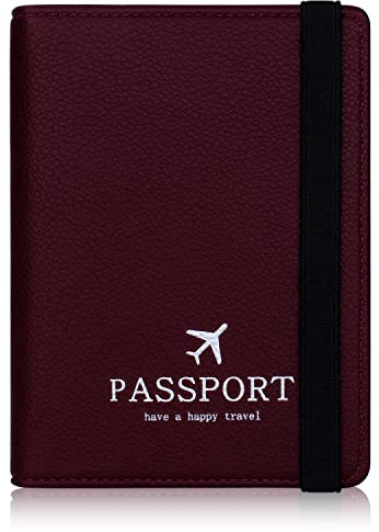 HCFGS Reisepasshülle Impfpass Hülle Kunstleder Passhülle mit RFID-Blocker Tragbare Reisepass Tasche für Damen Herren Reisepass Kreditkarten, Ausweis und Reisedokumente (Burgundisch)