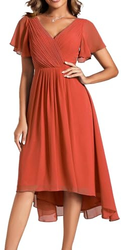 Ever-Pretty Vestito Elegante Donna Cerimonia Manica Corta Collo a V Gonna Midi Arancione 38