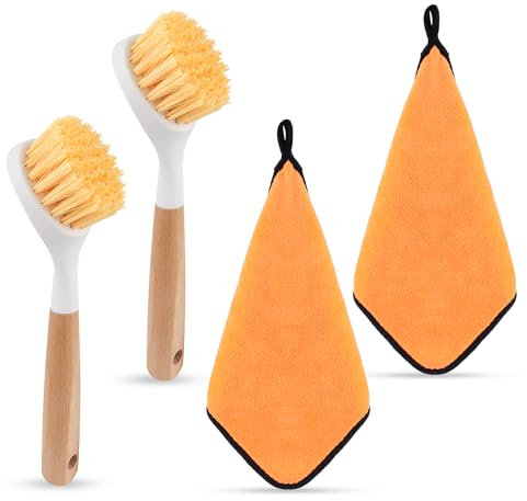 Artmitz 4PCS Spazzola per piatti con manico in legno Panni per la pulizia in microfibra, Spazzole per lavare i piatti per padelle, pentole, pulizia del lavello della cucina