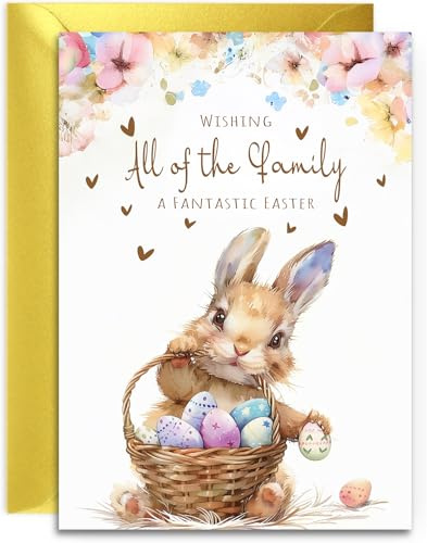 To All the Family Easter Card - Bunny with Easter Eggs Design - A5 Size with Gold Envelope