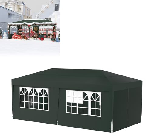 LZQ paviljong 3 x 6 hopfällbar paviljong med 6 sidoväggar, vattentätt vikält, utomhuspaviljong med UV-skydd, justerbar höjd, inklusive förvaringsväska och golvtillbehör, mörkgrön