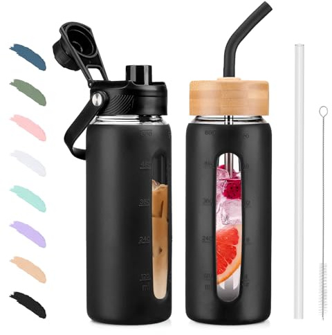 BLUEGO 600ml Glass Water Bottle with Straw and 2 Lids Glass Coffee Cup with Time Marker and Silicone Protector Glass Tumbler for Beverages Soda Cola BPA Free, Black