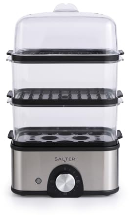 Salter Cuiseur Vapeur Compact à 3 Niveaux – Multicuiseur, 3 Paniers Vapeur, Cuiseur d’Œufs Électrique, Capacité de 8 Œufs, Cuiseur à Légumes, Minuteur 60 Minutes, Capacité 3L, 500W
