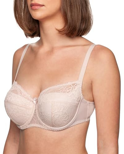 Women's Bra with Lace, Full Cup, Underwired, Balconette, Plus Size Beige UK 36 D
