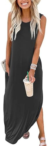 Sxkayxr Sommar maxiklänningar för kvinnor 2026 ledig ärmlös lös strand bra vibrationer t-shirt klänningar med fickor