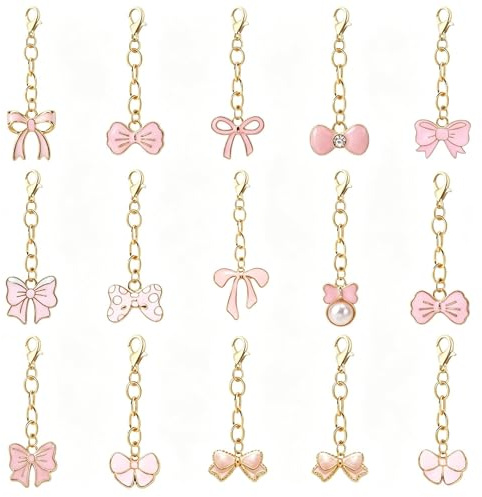 CavspkArt 15Pcs Pink Bow Keychain Set, Cute Bow Bag Charms Keyrings | For Women & Girls, Zinc Alloy Purse Charms for Party Favors, Birthday Gifts, Goodie Bags & Car Mirror Decor