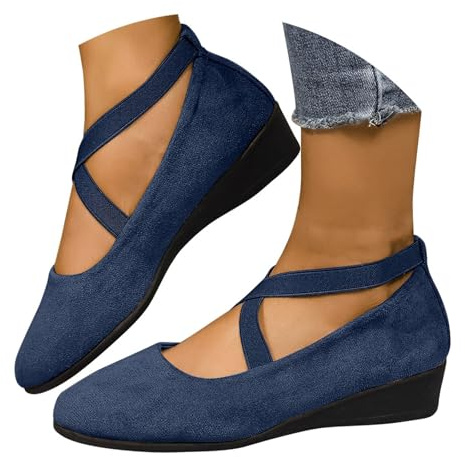 ziubauyke Women's Ballet Flats Closed Toe Crisscross Strap Wedge Shoes Comfy Summer Wide Fit Sole Stretchy Ankle Ballerina Ladies Comfy Dress Elegant Slip-On Pump Shoes Size 6 Blue