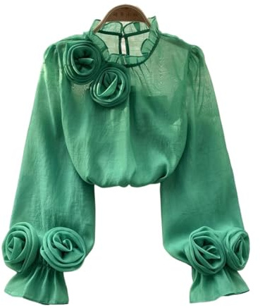 volangblus för kvinnor volanger chiffong blus sommar kvinnor lykta ärm mode smal lös semester damer casual chic toppar för att jämföra, Grön, En Storlek