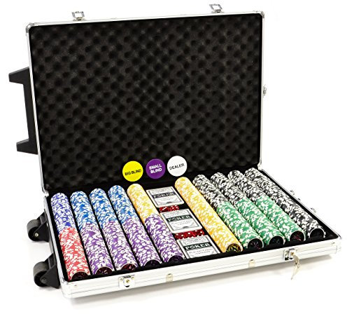 Trolley Pokerkoffer 1000 OCEAN CHAMPION Chips Laser Pokerchips Poker Komplett Set Trolley Koffer aus Aluminium mit Schloss + Schlüssel + Griff und Rädern 11g Chip mit Metallkern inkl. Kunststoffkarten