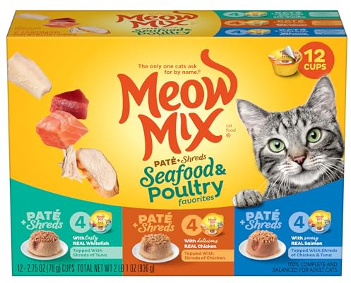 Meow Mix Paté & Shreds Wet Cat Food Variety Pack, Seafood & Poultry Favorites, 2.75 Ounce Cup (Pack of 12)