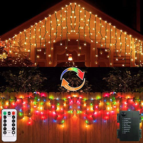 ZAIYW Luces de Carámbano de Navidad con Pilas, 3M 102 LED Luces de Carámbano de dos Colores con Temporizador Remoto para Exteriores, Jardín, Decoración de Patio Trasero