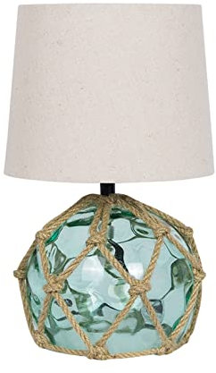 El Mercader del Mar Lámpara marinera de mesa de noche con forma de boya náutica con malla en cabo de cáñamo,Ø15cm X 30cm, con pantalla cilíndrica en color crudo E27, color verde