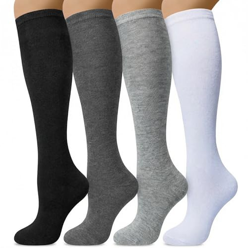 Senker Fashion Knee High Socks for Women, Cotton White Long Tube Sock Black Stockings Striped for Boot Outdoor Sport