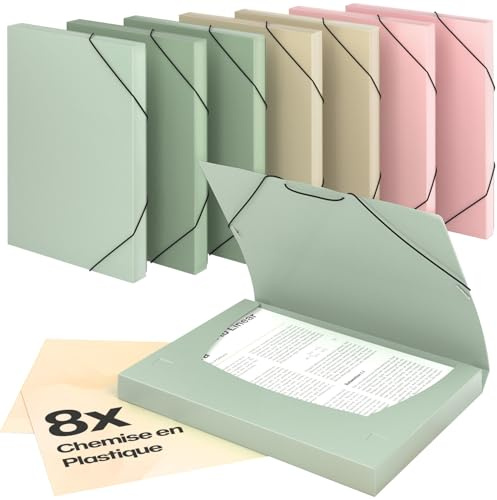 ACROPAQ - 8 x Chemise à Élastiques A4 - Jusqu'à 250 pages, Dos de 3 cm, Fermeture Élastique, Terre, Collection de Couleurs Nature - Chemises à Dossier, Range Document