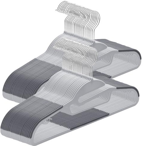 ABHENG Kleiderbügel Kunststoff, 50er-Pack Rutschfester Bügel mit U-förmiger Öffnung, Nass und Trocken, Platzsparender Kleiderbügel mit Krawattenhalter und 360° drehbarer Haken, Grau + Silber, APY0450G