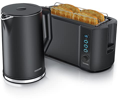 arendo Ensembles Bouilloire et Grille-Pain en Set Bouilloire en INOX 1,5L 40°-100°C, Grille-Pain 4 Tranches Ecran LED 6 Niveaux de brunissage Support viennoiserie Grille Pain, Noir