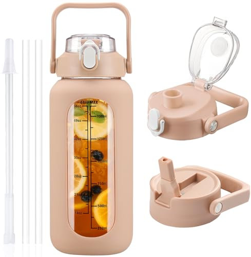 HYDRAGLAZIC 2L Glass Water Bottle with 2 Lids Flip and Chug Lids 2 Liter Large Water Jug with Time Marker and Silicone Sleeve BPA Free Leak-proof for Sports Gym, Amber