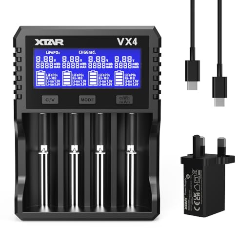 XTAR VX4 Battery Charger, Capacity Tester, 3.6/3.7V Li-ion, 1.5V Li-ion, 1.2V Ni-MH, 3.2V LiFePO4 Compatible, LCD Screen, Over-discharge Protection