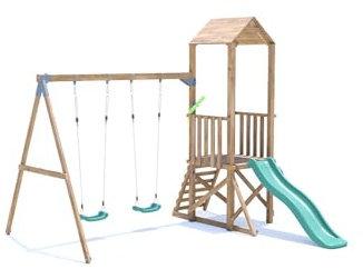 Dunster House Climbing Frame with Double Swing, Low Platform & Slide SquirrelFort