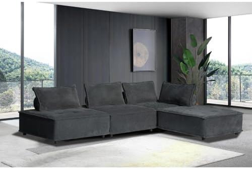CONCEPT USINE | Sofá de esquina modular de 4 plazas STAVA | Terciopelo texturizado gris | Elegante y cómodo | Diseño moderno | Asiento espacioso y mullido | Estructura robusta de madera maciza | Ideal