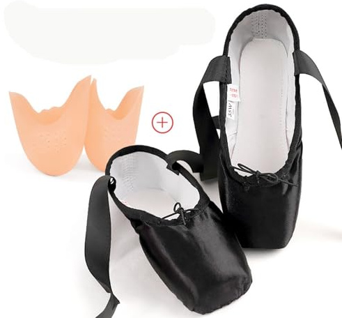 KAISUN Chaussures de Ballet de Pointe Chaussures de Danse Professionnelles avec Rubans de Satin et Protège-Orteils pour Ballerines Femme Fille(Schwarz,37 EU)