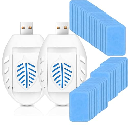 Lot de 2 prises USB anti-moustiques portables avec 90 tablettes répulsives électriques pour intérieur et extérieur, maison d'été