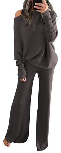 Conjuntos de 2 Piezas de Pana para Mujer, con Mangas murciélago, Top Holgado, Pantalones Punto Pierna Ancha, Conjuntos chándal, Ropa Estar por casa, Gris Oscuro Mediano