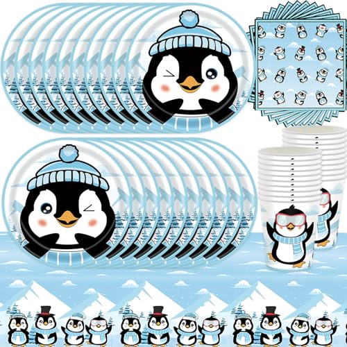 61Pcs Penguin Party Tableware Set, Penguin Themed Birthday Decoration, Winter Decoration, Boys and Girls' Party, Baby Baptism, Plates, Cups, and Towels (20 Guests)