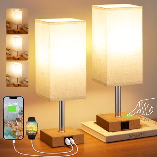 Aooshine Bedside Lamps Set of 2, Touch Lamps for Bedroom and Living Room with USB-A & USB-C Charging Ports, Wood Grain Base(Bulb Included)
