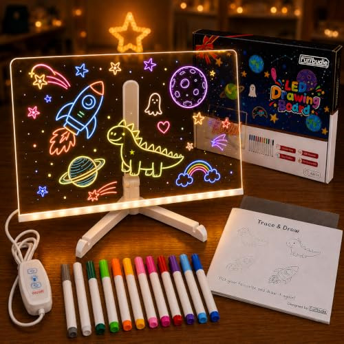 Furrbudie LED Memo Board with 12 Colour Pens, 30x20cm Dimmable Warm Light Message Board with Switch Control, Acrylic Dry Erase Light Up Drawing Board Gift for Home Cafe Office Kids