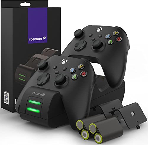 Fosmon Dual 2 MAX Cargador Compatible con Mando Xbox Series X/S (2020), Xbox One/One X/One S Elite Controller, (Doble Estación) Estación de Carga Rápida con 2x 2200mAh Ni-MH Batería Recargable - Negro