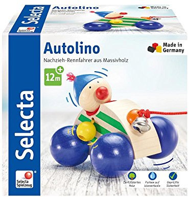 Selecta 62024 Autolino, Nachzieh Auto, Schiebe-und Nachziehspielzeug aus Holz, 11 cm