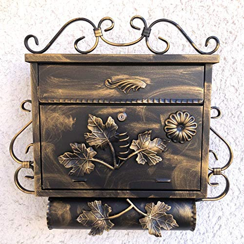 Garden Paradies Handmade Antik Wandbriefkasten mit Zeitungsrolle - Schmiedeisen - Abschließbar - Wandmontage - Gold