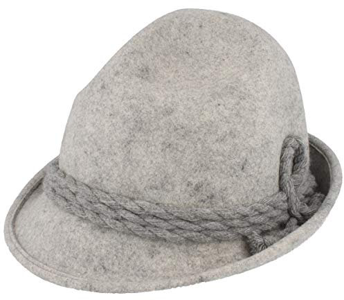 Breiter Original Herren Trachtenhut Filzhut Wanderhut Spitzkopf 100% Wolle, schmaler Krempe & Wollkordel Grau 60