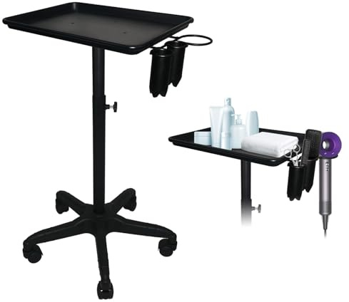 LEIBOU Beauty Aluminum Salon Tray Cart, Professional Adjustable Salon Instrument Trolley Stand with 5 Casters and Accessory Caddy, Large Tray, Beauty Tool Trolley Service Cart (Black)