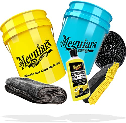 detailmate Lot de 2 seaux de lavage pour voiture - Gants de lavage + 2 seaux de lavage Meguiars + inserts de seau + shampoing auto Meguiar's Wash & Wax 473 ml + chiffon sec en microfibre