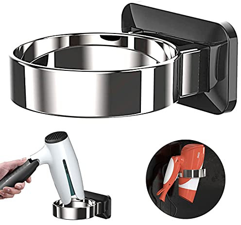 mellystore Porta Asciugacapelli a Muro Senza Foratura Supporto Asciugacapelli Adesivo Forte Mensola di asciugacapelli Plastica Porta Phon Cromo,per Bagno Camera da Letto Barbiere Calibro 85mm