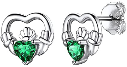 Hypoallergenic 925 Sterling Silver Claddagh Celtic Knot May Birthstone Green Earrings, Birth Stone Jewelry Dainty Cute Stud Heart Shaped Hoop Earrings for Women Teen Girls
