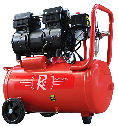 RocwooD Air Compressor Electric 24L Litre 1HP 750w Silent Portable Oil Free 8bar 116psi 5CFM 5 Piece Accessories Kit Workshop Garage 230v 3 Pin 13amp UK Plug Red Low Noise 21kg