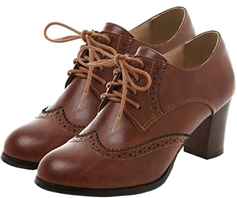 SHEMEE Women's Chunky High Heels Wingtip Oxfords Round Toe Lace Up Stacked Block Heel Vintage Brogues Pumps Shoes(Brown,US 8.5)