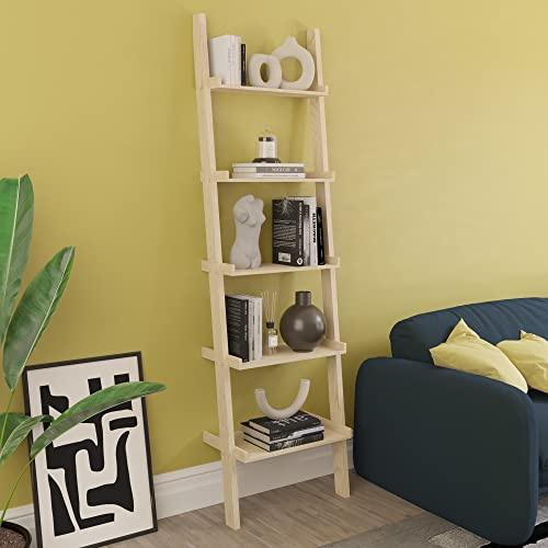 Vida Designs York 5 Tier Ladder Bookcase – Leaning Shelf Display Storage Unit with Open Shelves – Modern Bookshelf for Living Room, Bedroom or Home Office – Pine – H 189 x W 56 x D 32.5 cm
