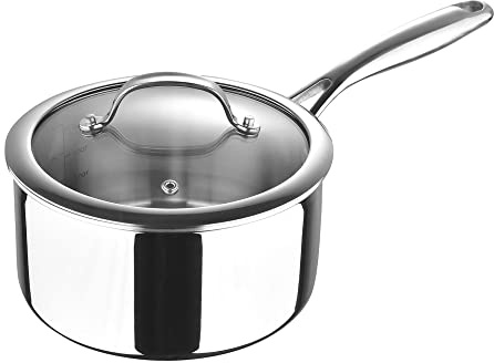 MasterPro - Saucepan with Glass Lid, 18cm - Argent 3 Induction Stainless Steel Pan, Professional Quality, Tri-Ply Multilayer for Improved Heat Retention & Distribution - Ovenproof