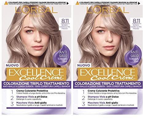 l'Oréal Paris Excellence Creme Colorazione Capelli Permanente Triplo Trattamento Tecnologia Anti Giallo Azione Protettiva Illuminante Colore 8.11 Biondo Chiaro Ultra Freddo,2 Confezioni,520.0 grams