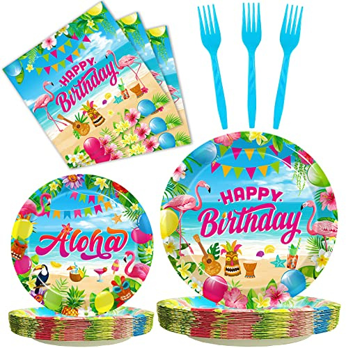 Kepeel 96 Pcs Hawaiian Aloha Party Decorations Supplies, Luau Tropical Birthday Party Plates Summer Beach Holiday Party Paper Plates Napkins Tableware Disposable Dinnerware Set , Serves 24
