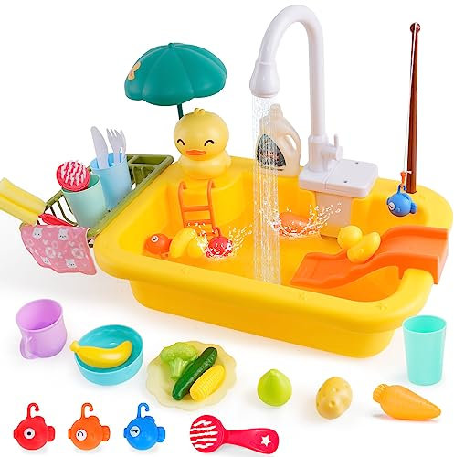 Küchenspielzeugset mit funktionierendem Wasserhahn süße Entenform für Kinder Angelspiel, Rutschspiel Kinderwaschbecken Kinder Küche Spiel Küchenspüle Spielzeug Set mit Früchten, Geschirrzubehör