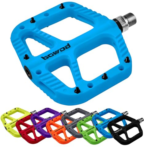 BOWOD MTB Pedals for Adults - Mountain Bike, Large, Lightweight Nylon Fiber Composite Pedals w 12 Pins, Cr-Mo Spindle, 9/16 Thread