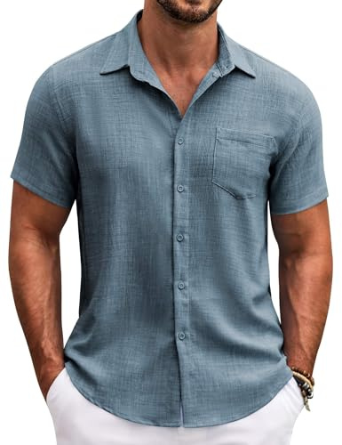 COOFANDY Mens Beach Button Up Shirt Fashion Casual Linen Resort Wear Shirts for Men Dark Blue