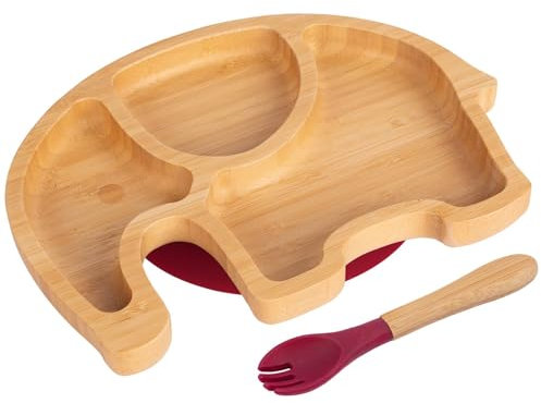 Tiny Dining 2pc Rot Bambus-Elefant-Baby-Entwöhnungsteller & Gabelsatz - Hölzern Geteilt Kleinkind Kinder Essen Fütterung Tablett - Silikon Saugnapf