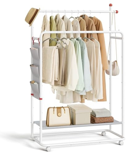 SONGMICS HOME Kleiderständer auf Rollen, Garderobenständer, 2 Kleiderstangen, Ablagefläche, seitlicher Organizer, Haken in Streichholz-Form, stabil, Schlafzimmer, Flur, mattweiß HSR171W01