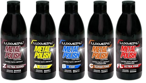 Lux Metal - Kit 5 Metal Polish Lucidante 250 gr FL-A-B-C-Z Ultra Hard/Hard/Fine/S. Fine/Ultra Fine Pasta abrasiva lucida metalli acciaio inox alluminio ottone bronzo rame auto carrozzeria moto barca